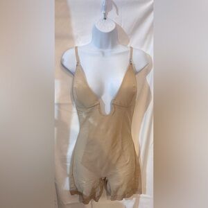 Tan Women's Clinching Bodysuit with Low Cut Front and Pee Hole - Large